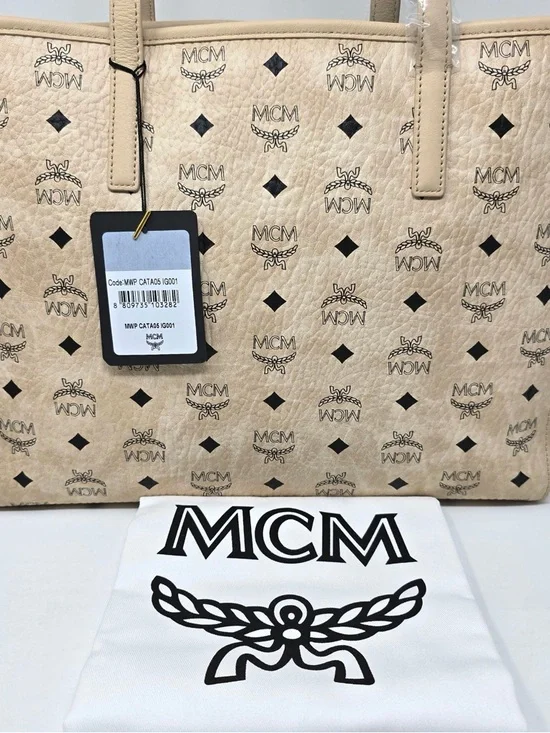 MCM Beige Logo-Print Leather Tote - Picture 3 of 7